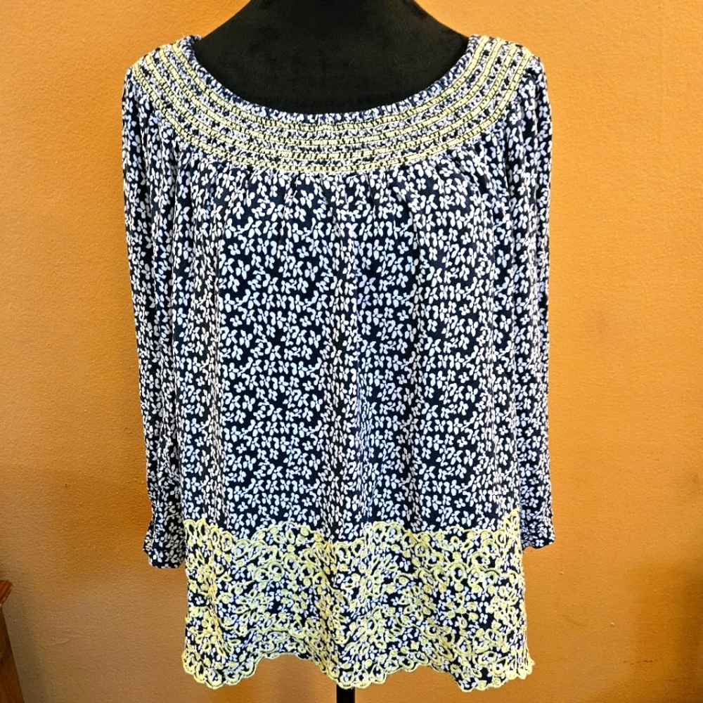 Floral Print Women's 3/4 Sleeve Peasant Top - Navy and Yellow